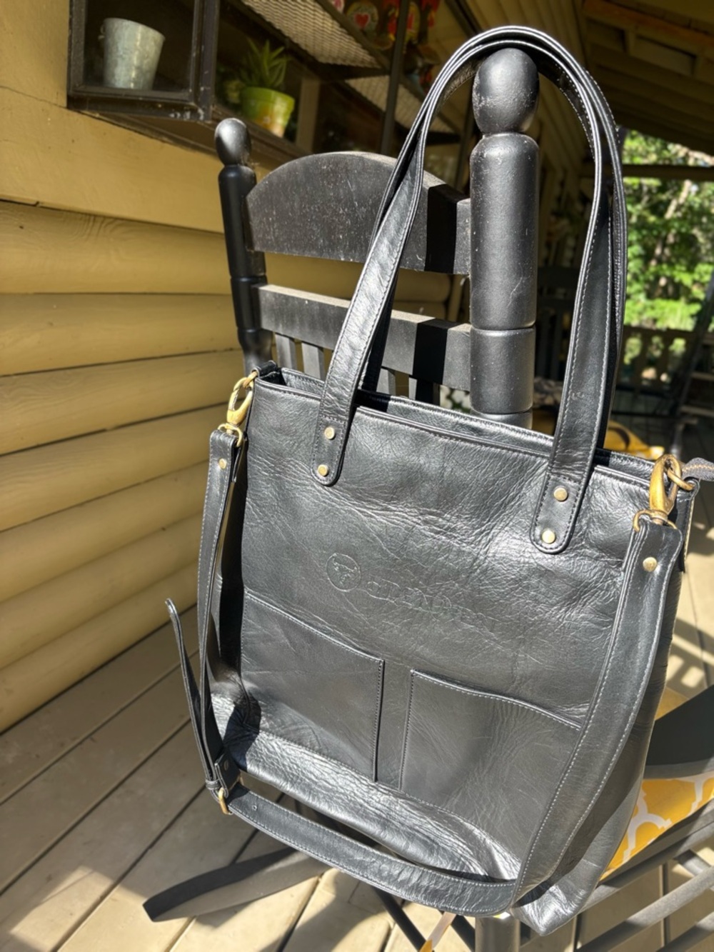 Black Leather Tote with Front Pockets